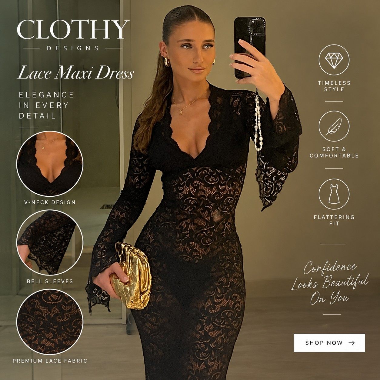 Women's Lace Hollow Out Maxi Dress – Sheer V-Neck Flare Sleeve Elegant Party & Club Dress